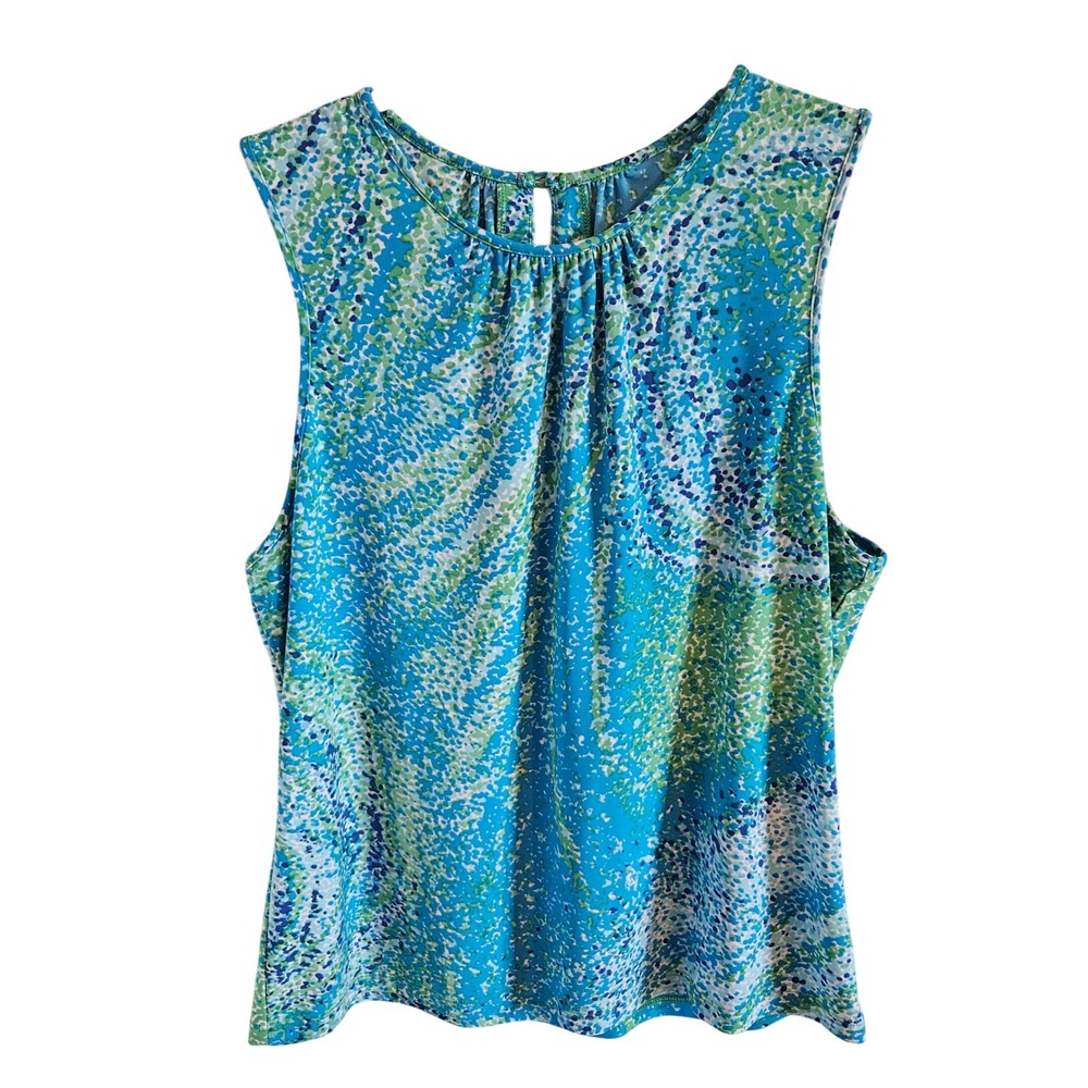 Chaps Sleeveless Abstract Print Shell Top Blue Green Keyhole Back Blouse SZ L